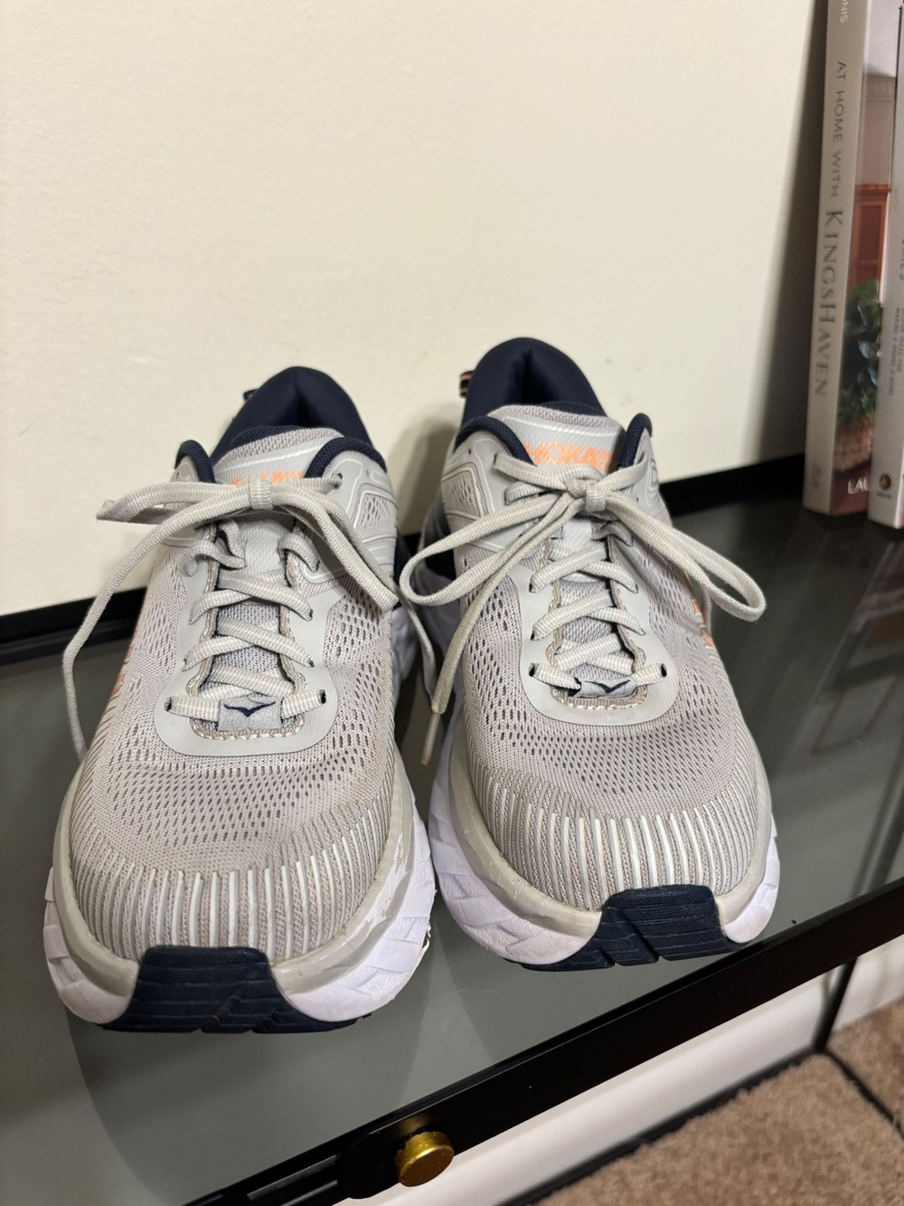 Hoka One One Women's Light Gray and Navy Running Shoes with Peach Accent